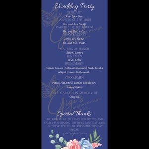 May include: A blue and white wedding party announcement card with a floral design and butterflies. The card lists the officiant, parents of the bride and groom, grandparents, matron of honor, best man, bridesmaids, groomsmen, and aisle markers. The card also includes a special thanks section.