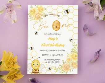Bee First Birthday Invitation | First Bee Day Invitation | Honey Bee Birthday Party | So Sweet to Bee One Invite | Editable Birthday Invite