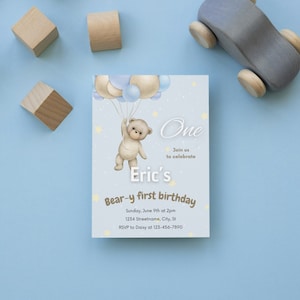 Beary First Birthday Invitation | Teddy Bear Birthday Invite | Bear-y Birthday Invite | Editable Template | Instant download