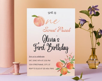 One Sweet Peach Birthday Invite | Peach Party Birthday Invitation | First Birthday Party Invite | Digital editable template