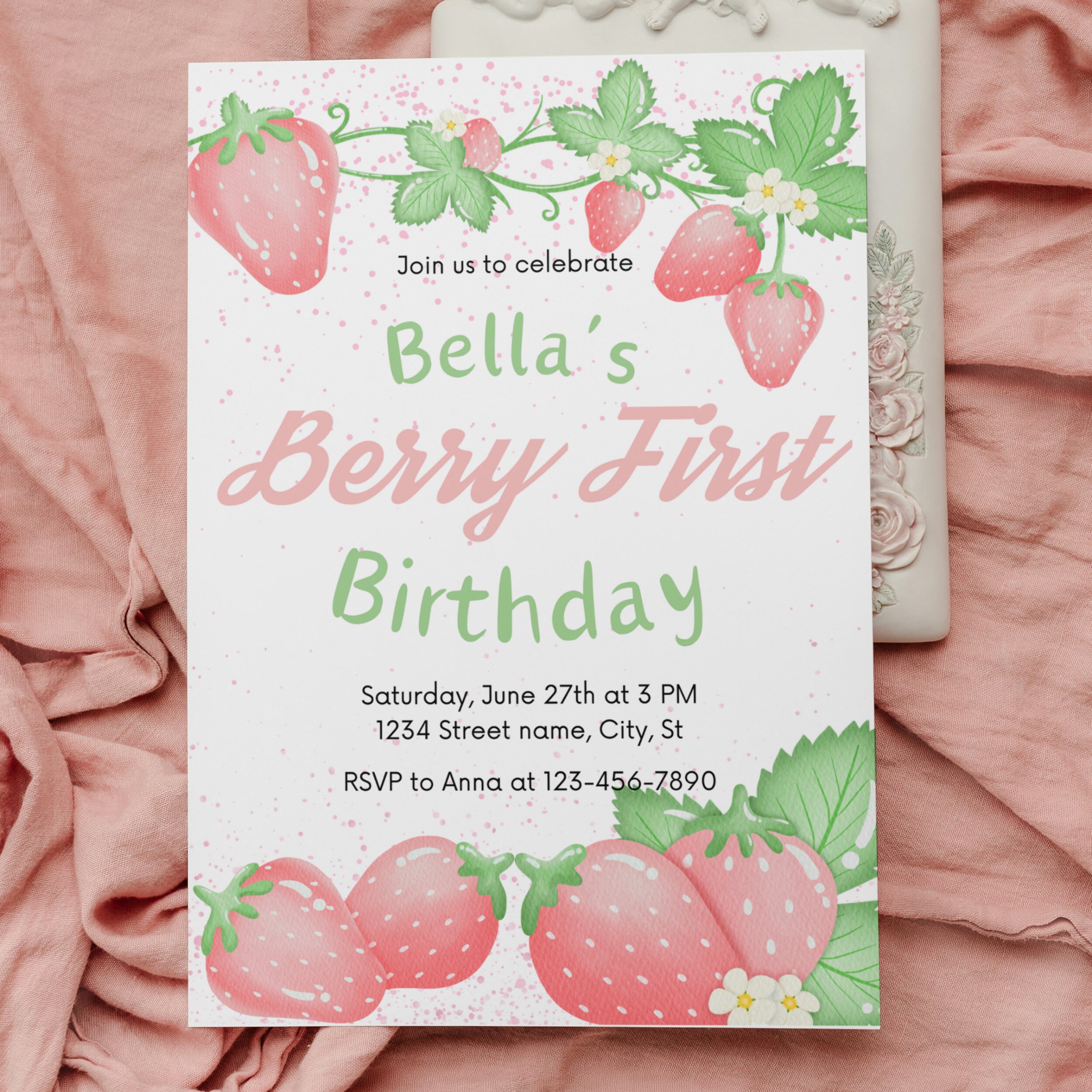 Berry First Birthday Invitation | Modern Strawberry Invitation | 1st ...