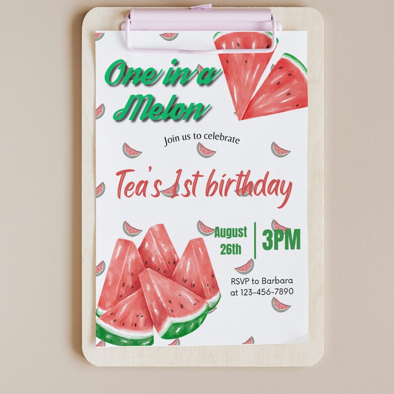 One in a Melon Birthday Invite | Editable Watermelon Invitation | First ...