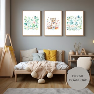 Flowery Set of 3 Nursery Wall Art | Baby Cheetah | Digital Download