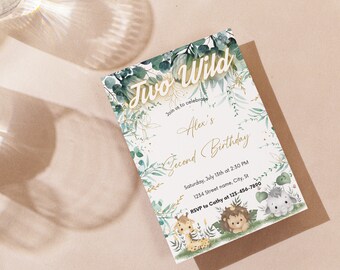 Two Wild Birthday Invite | Safari Birthday Invitation | Jungle Animals Invitation | Jungle Birthday Party Invitation | Editable Invitation