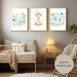 Flowery Set of 3 Nursery Wall Art | Baby Giraffe | Digital Download