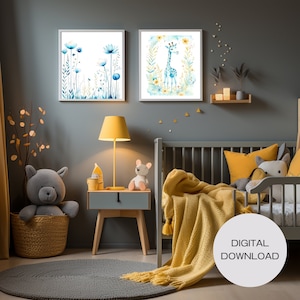 Light Blue Set of 2 Nursery Wall Art | Floral Line Art and Baby Giraffe | Digital Download
