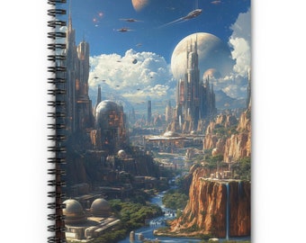 May include: A futuristic city with tall buildings, a river, and a blue sky with clouds and planets. The city is surrounded by mountains and a waterfall.