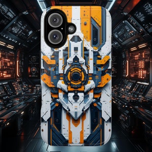 May include: A phone case with a geometric design featuring white, orange, and black colours. The case has a raised camera bump with two lenses.