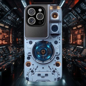 May include: A white phone case with a futuristic design. The case has a large circular lens with a blue and orange design, and a smaller lens with a black and silver design. The case is made of a hard plastic material and has a textured surface.