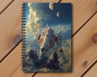 May include: A white and red spaceship with a long, narrow body and a pointed nose flies through a cloudy sky. The spaceship has a large, round window on the side and a small, round window on the top. The sky is a light blue color and there are two moons in the background.