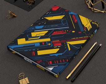 May include: A black notebook with a geometric pattern in yellow, red, and blue. The notebook is closed and lying on a black surface.