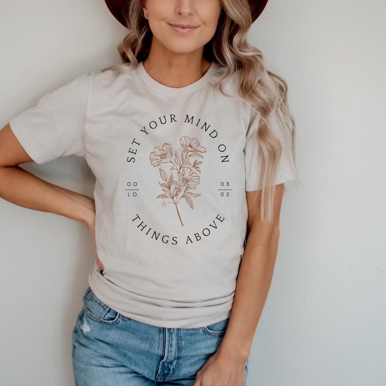 Set Your Mind On Things Above V-Neck T-Shirt Christian TShirts Bible Verse Shirt Trendy Christians T Shirts Jesus Apparel Faith Based Shirt Dust Crew Neck