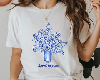 Gespeichert durch Gnade Blumenstrauß-Christliches T-Shirt