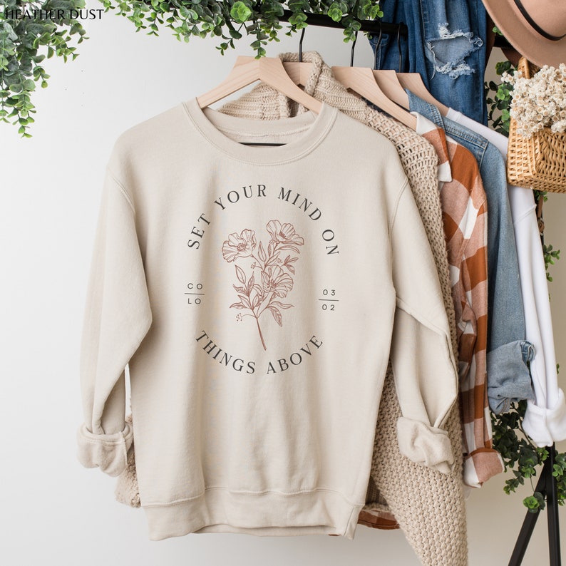 Set Your Mind On Things Above V-Neck T-Shirt Christian TShirts Bible Verse Shirt Trendy Christians T Shirts Jesus Apparel Faith Based Shirt Heather Sand Dune Crew Neck T-Shirt