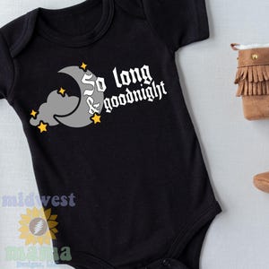 May include: A black short-sleeved bodysuit featuring a graphic of a grey crescent moon, grey clouds, and yellow stars. The text "So long & goodnight" is printed in white in a stylized font across the chest area of the garment.