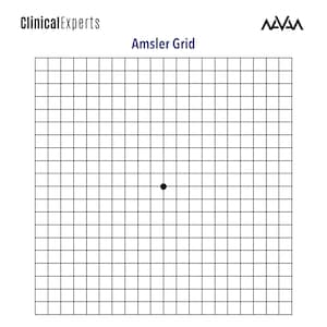 May include: A black and white Amsler grid with a black dot in the center. Instructions: Position this grid at a comfortable reading distance (about 12-14 inches away). If applicable, wear your reading glasses. Cover one eye and focus on the black dot in the center of the grid. Take note if any lines appear wavy or skewed. Cover the other eye and repeat the test. Contact your eye specialist if any grid lines appear distorted or discontinuous in either eye.