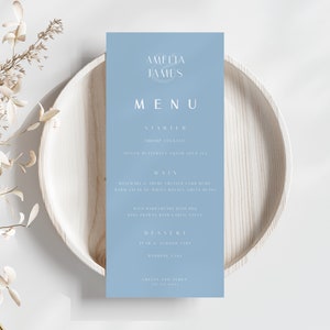 Dusty Blue Wedding Menu  Template, Modern Minimalist Wedding Template, DIY Wedding Menu Printable, Wedding Table Menu Card, Tall Menu, M07
