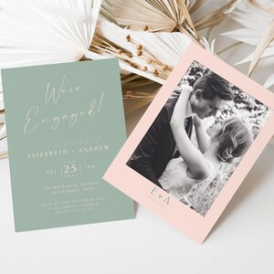 Minimalist Sage Engagement Party invite, Engagement Invitation Printable Template, Sage Green With Photo Invite, We&#39;re Engaged Invite, PL04