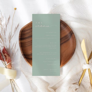 Minimalistisches Hochzeitsmenü, Salbeigrün Hochzeitsmenükarte, Abendmenukarte, Personalisiertes Hochzeitsmenü, Gedruckte Menüs, Greenery-Menü, PL04