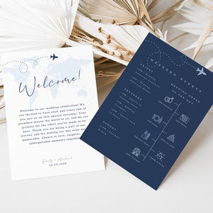 Plantilla de tarjeta de eventos de boda, línea de tiempo de boda con iconos, orden de eventos, nota de bienvenida, carta de bienvenida, horario imprimible, nota de bolsa, PA01