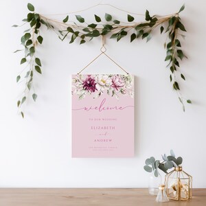 Burgundy And Blush Welcome Wedding Sign, Burgundy And Blush Wedding Welcome Sign, Blush Floral Wedding Welcome Sign, Poster Printable, BP01