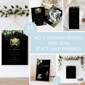 Silvester Hochzeit Bündel, NYE Willkommensschild, NYE Menükarte, NYE Tischkarte, Nye Namenszelt, Silvester Schwarz Gold und Smaragd, NY02