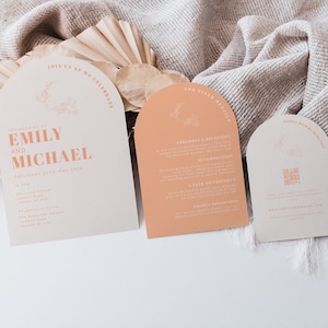 Suite de faire-part de mariage empilés avec arc duvet pêche, faire-part de mariage moderne modifiable, ensemble d'invitations duvet pêche, faire part mariage bohème, MN02