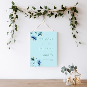 Wedding Welcome Sign Blue And Green Floral, Dusty Blue Wedding Reception Welcome Sign, Light Blue Wedding Welcome Template Sign Blue, AB02