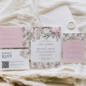 Blush rosa Pfingstrose Hochzeitseinladung, druckbare Hochzeitseinladung, Hochzeitseinladung, Hochzeitseinladung, Blumenhochzeit einladen, Hochzeit Antwort QR, PE01