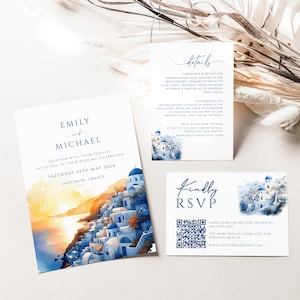 Santorini Hochzeitseinladung, Aquarell Hochzeitskarte, Griechenland Hochzeitseinladung, Vorlagendownload, Santorini Hochzeitskarte, Rsvp QR, GR01