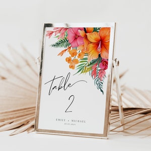 Placa de número de mesa de casamento tropical, casamento na praia, casamento de destino, palmeira, modelo editável, decoração de mesa de casamento, placa de mesa, BA01