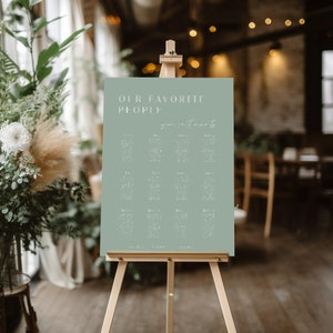 Plantilla de cartel de gráfico de asientos de boda verde salvia, Encuentra tu asiento, Nuestras personas favoritas, Cartel de asientos imprimible, Plano de mesa de asientos de boda, M05
