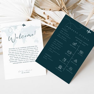 Bruiloft evenementen kaartsjabloon, bruiloft tijdlijn met pictogrammen, volgorde van evenementen, welkomstnotitie, welkomstbrief, afdrukbaar schema, tasnotitie, PA01