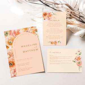 Peach Fuzz Wedding Invitation Set, Coral Wedding Invitation, Floral Wedding Invitation Template, Printable Wedding Invitation Template, PC02