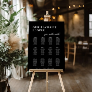 Modello minimalista per tabella dei posti a sedere per matrimonio, piano dei posti a sedere in bianco e nero, tabellone dei posti a sedere, piano del tavolo moderno, le nostre persone preferite, M04