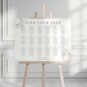 Rosa Pfingstrosen-Sitzplan für Hochzeiten, errötendes rosa Hochzeits-Sitzschild, floraler Hochzeitstischplan, druckbares individuelles Sitzschild, Landschaft, PE01