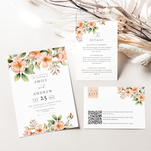 Peach Wedding Invitation Set, Coral Wedding Invitation, Garden Wedding, Floral Wedding Invitation Template, Printable Wedding, RSVP QR, PC01