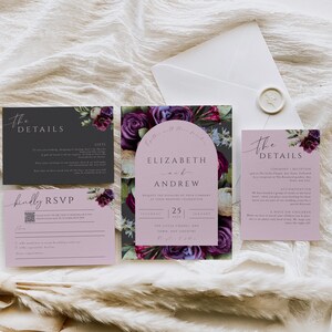 Dark Floral Wedding Invitation, Dark Flower Wedding, Moody Wedding Invitation, Grey & Blush Wedding Suite, Friday 13th Wedding Invite, PL01