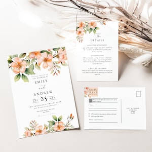 Peach Wedding Invitation Set, Coral Wedding Invitation, Garden Wedding, Floral Wedding Invitation Template, Printable Wedding, RSVP QR, PC01