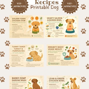 May include: A printable guide with recipes for homemade dog food. The guide features illustrated recipes for Golden Years Chicken Stew, Hearty Salmon & Quinoa Bowl, Tummy Tamer Turkey & Pumpkin Mix, and more. Each recipe includes ingredients and steps.