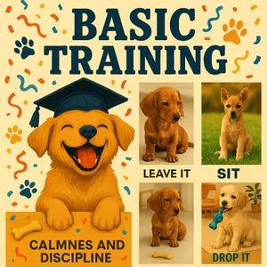 Op de afbeelding: Een kleurrijke illustratie die basistraining voor honden promoot. De afbeelding toont een cartoonhond met een afstudeerhoed, omringd door tekst en afbeeldingen van puppy's die commando's demonstreren zoals "Laat het" en "Zit". De woorden "Kalmte en Discipline" worden ook weergegeven.