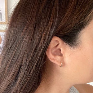 May include: A person with long brown hair wearing a gray shirt and gold earrings. One earring is a simple hoop and the other is a wavy line.