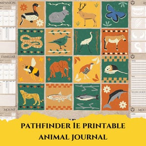 May include: Printable Pathfinder animal journal with colorful illustrations of various animals, including a bee, elephant, fish, and butterfly. The journal includes sections for animal companions, familiars, mounts, and animal attacks.