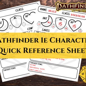 Pathfinder 1E Character Quick Reference Sheet - Printable Character Sheet Cheat Sheet for Pathfinder First Edition - Letter Sized