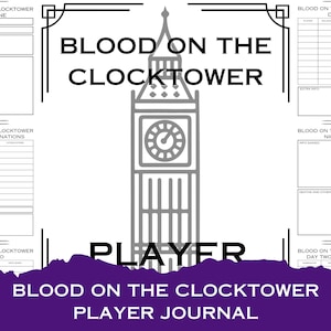 Pode incluir: Um diário de jogador branco e roxo para o jogo de tabuleiro "Blood on the Clocktower". O diário apresenta uma ilustração do Big Ben e formulários relacionados ao jogo para rastrear informações. O texto inclui "Blood on the Clocktower" e "Player Journal".