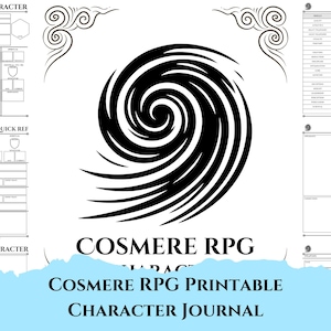 Może przedstawiać: Biały, drukowany dziennik postaci do Cosmere RPG, zawierający karty postaci, szybkie odniesienie do walki i sekcje umiejętności. Projekt zawiera czarną spiralną grafikę i dekoracyjne zawijasy. Wyświetlany jest tekst "Cosmere RPG Printable Character Journal".