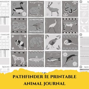 May include: A printable Pathfinder animal journal featuring black and white illustrations of various animals, such as a crane, a cheetah, a fish, and a butterfly. The journal includes sections for animal companion, familiar, mount, and animal attacks.