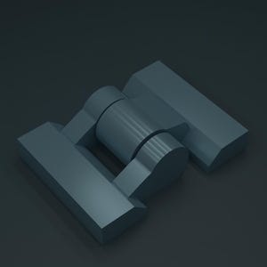 May include: A matte dark blue metal hinge featuring a central cylindrical pivot point connecting two rectangular mounting plates. The hardware has a smooth, uniform finish with clean, geometric edges and a functional, industrial design.