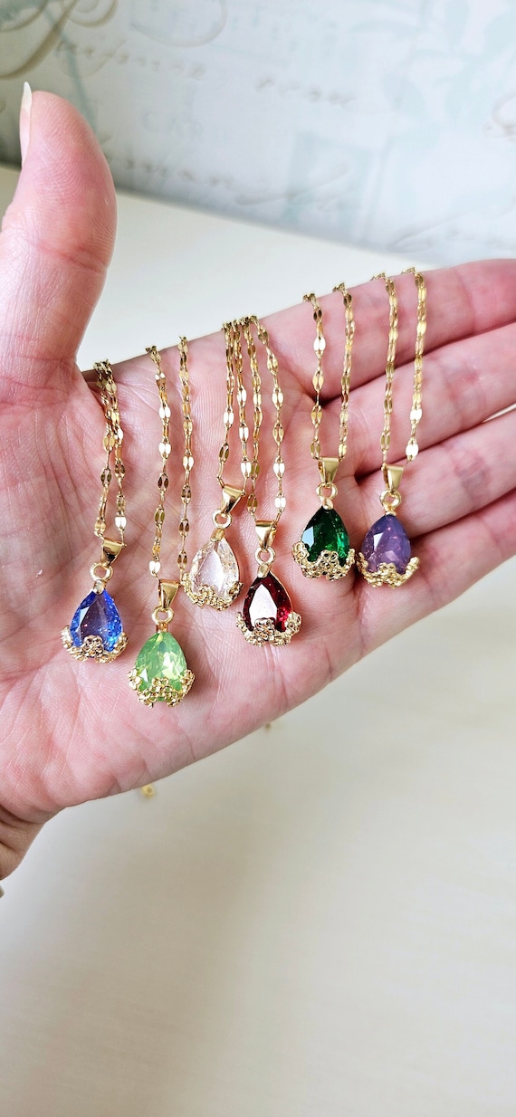 Rhinestone Teardrop Gold Necklace, Sparkly Glitter Water-drop 