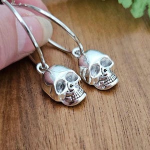 May include: Silver hoop earrings with a skull charm hanging from each hoop.